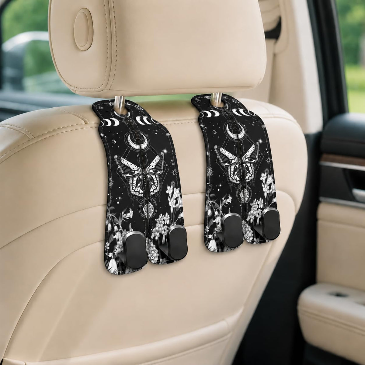 Cute Skull Skeleton Car Seat Back Storage Headrest Hooks for Purses & Bags – 2PCS PU Leather Dual Metal Hooks, Backseat Organizer Accessories
