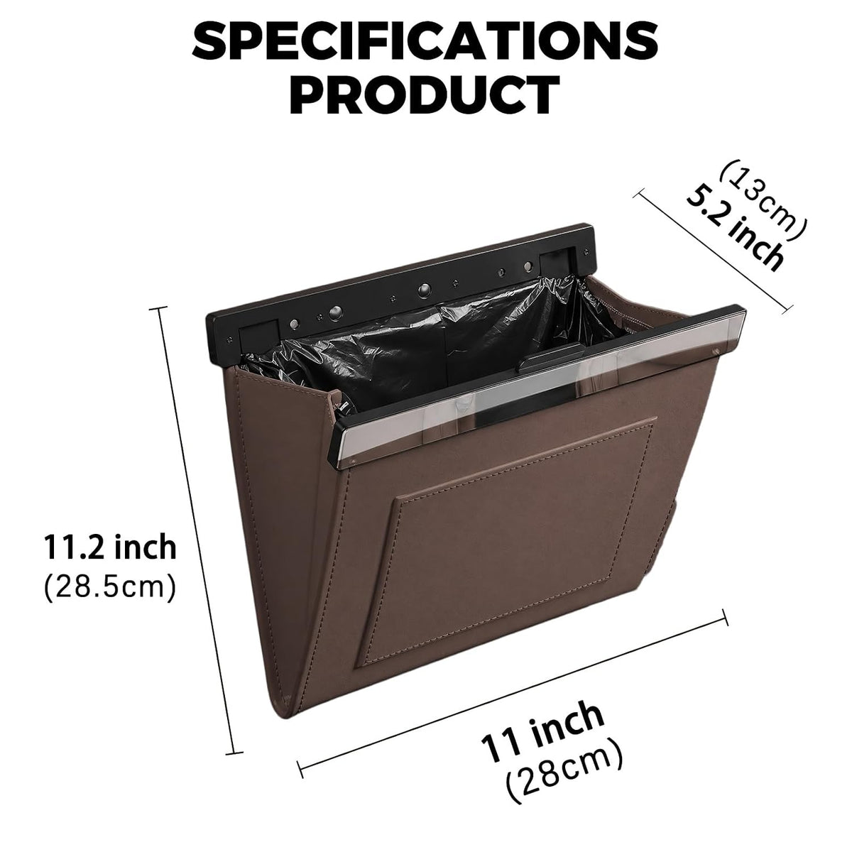 Premium Leather Car Trash Can, Slim Odor-Proof Hanging Garbage Bag with Magnetic Closure, Waterproof Auto Car Seat Organizer (Includes 2 Rolls of Bags) (Brown)