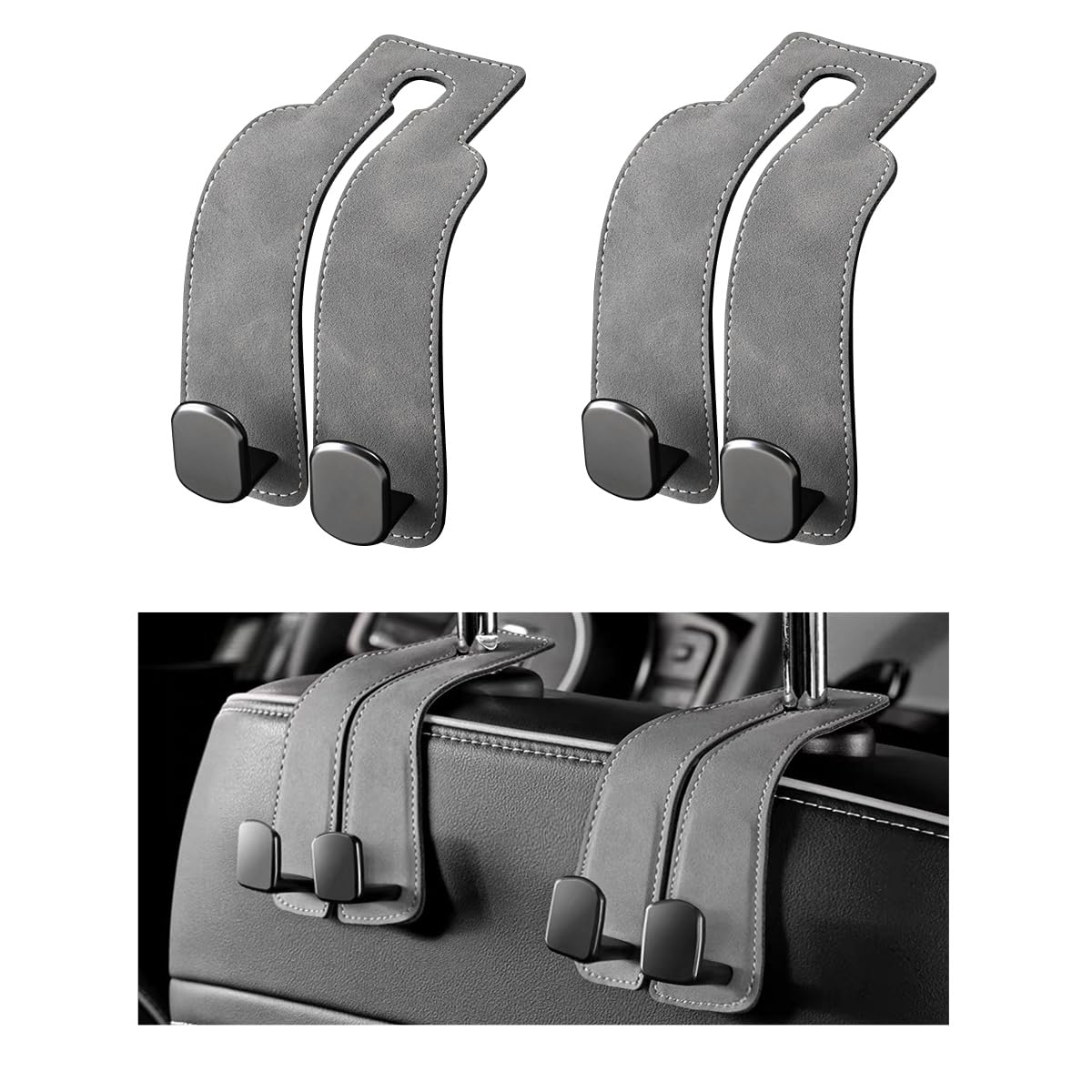 2 PCS Car Seat Headrest Hook, Back Seat Hanger with Double Flexible Leather Hooks, Soft Leather Double Headrest Metal Hooks Purse Handbag Organizer, Car Accessories (Brown)