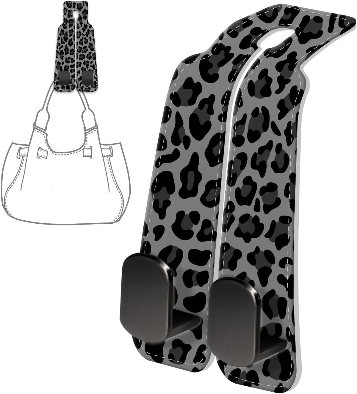 PU Leather Car Seat Hook, Storage Headrest Hanger, Cute Car Backseat Organizer, Car Hooks For Purses and Bags Gray Black Leopard