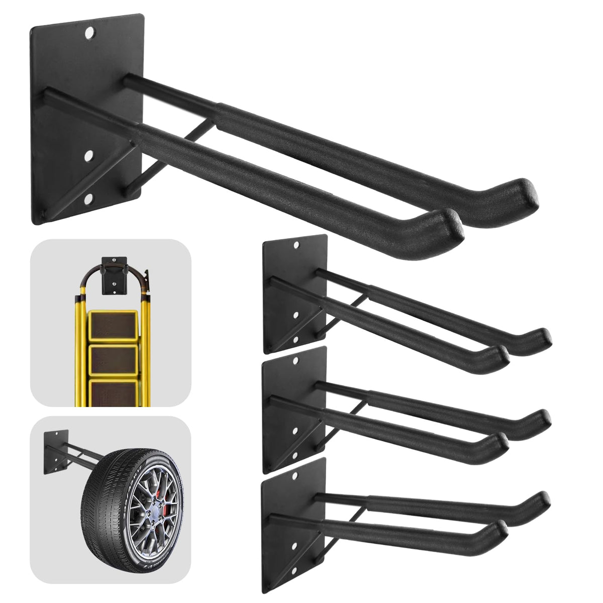 14" Large Heavy Duty Garage Hooks, Steel Garage Storage Hooks with Support Rods, Utility Wall Mount Hangers for Power Tools, Car Tires, Ladders, Chairs, Garden Tools and More (2-Pack 14" Heavy Hooks)