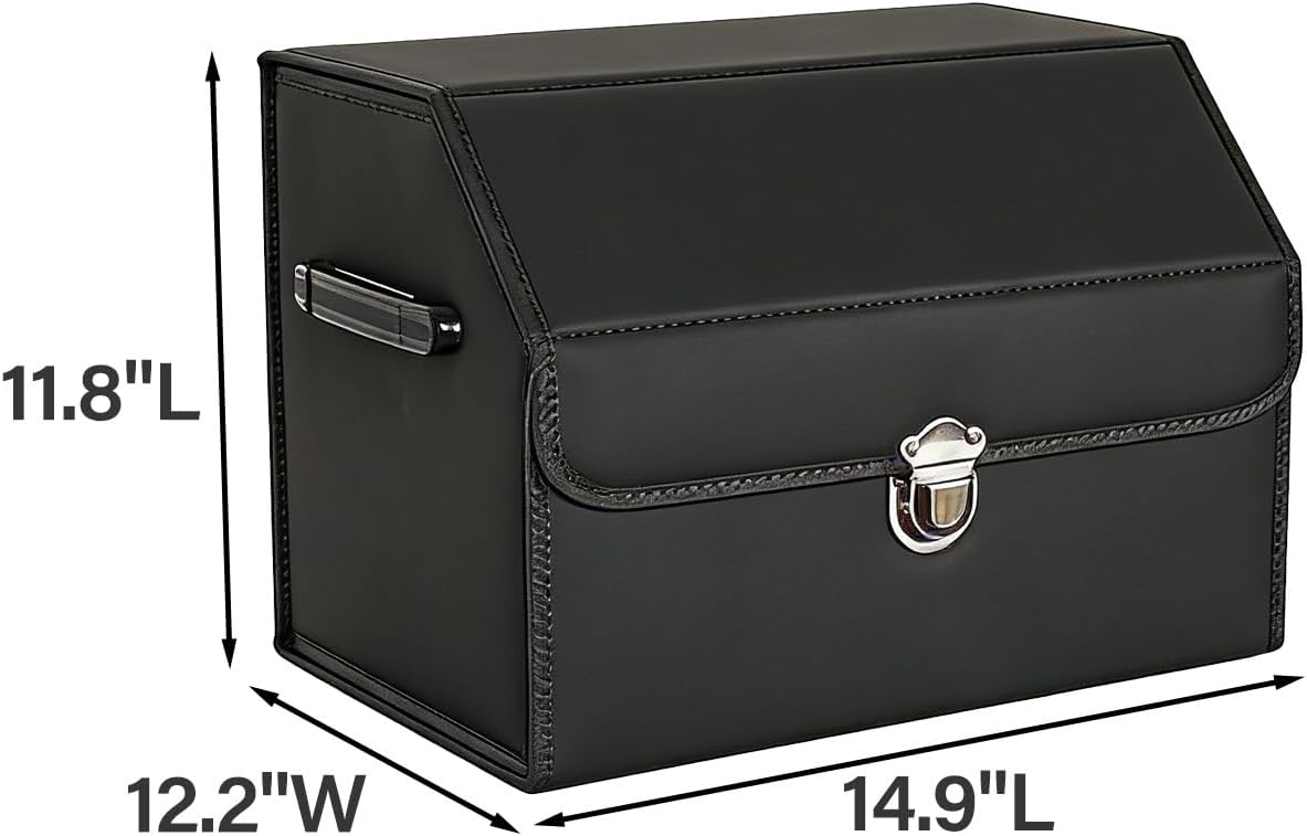 Leather Storage Box Car Trunk Organizer with Lid, Foldable PU Leather Cargo Storage Bin for SUV Sedan Truck, Portable Auto Organizer for Grocery Tool Storage, Black 14.9" L*12.2" W*11.8" H