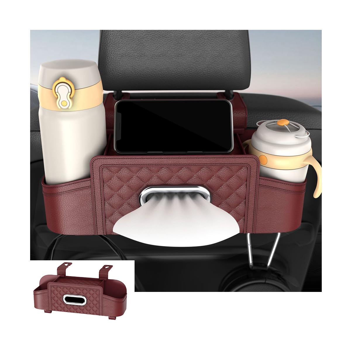 Mandark Headrest-Mounted Backseat Organizer with Cup Holders, Black