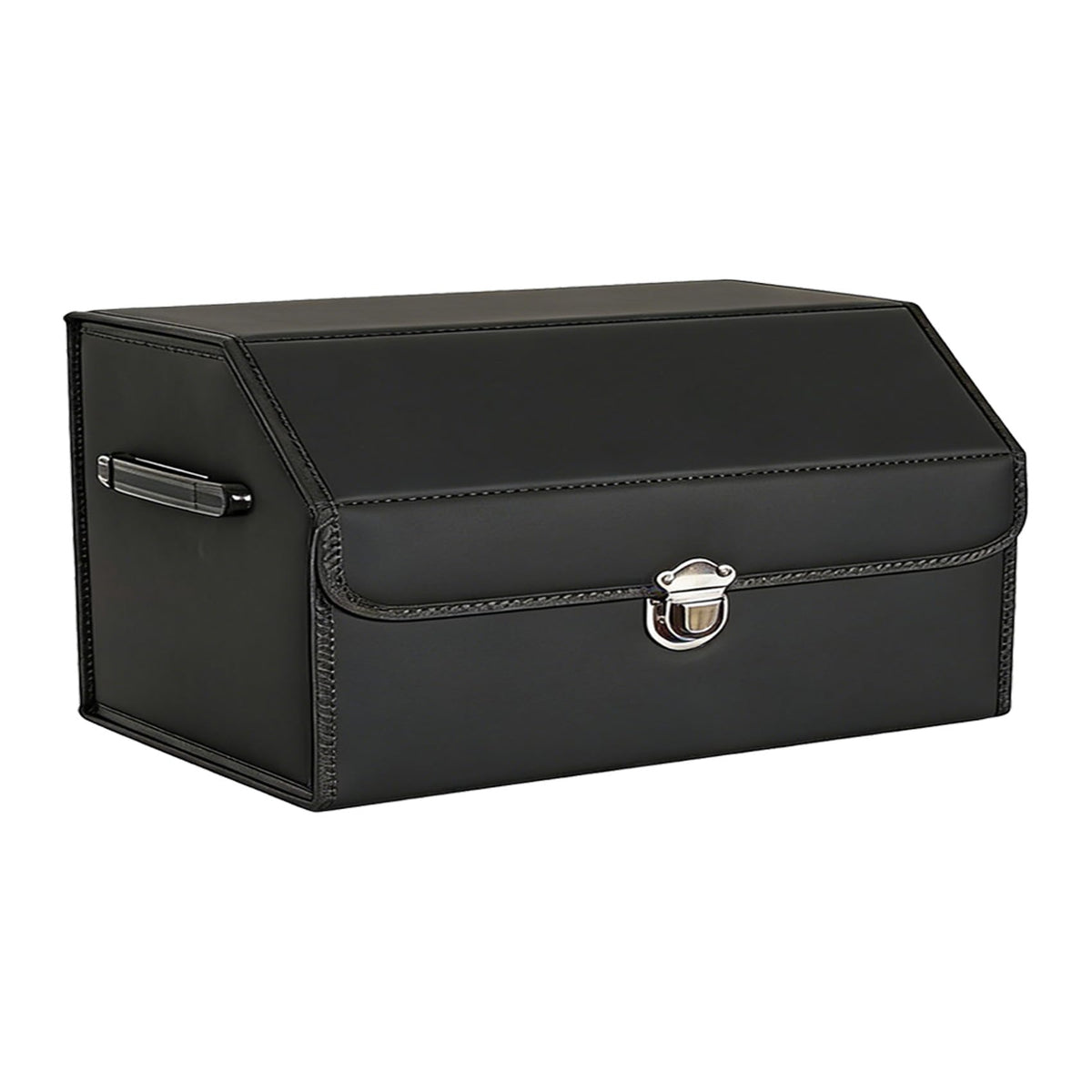 Leather Storage Box Car Trunk Organizer with Lid, Foldable PU Leather Cargo Storage Bin for SUV Sedan Truck, Portable Auto Organizer for Grocery Tool Storage, Black 14.9" L*12.2" W*11.8" H