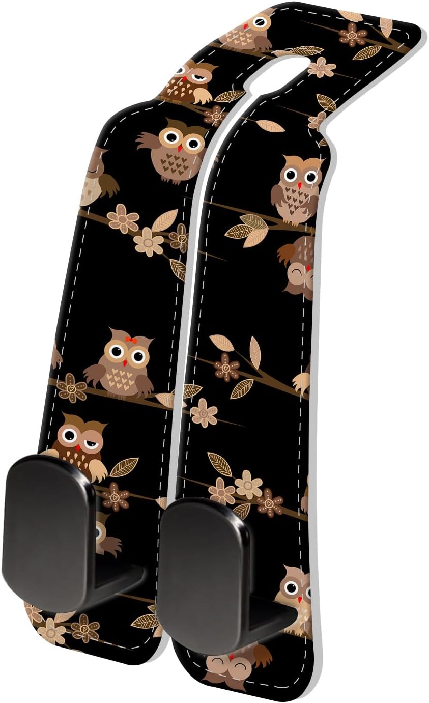 PU Leather Car Seat Hook, Storage Headrest Hanger, Cute Car Backseat Organizer, Car Hooks For Purses and Bags Cute Brown Cartoon Owls