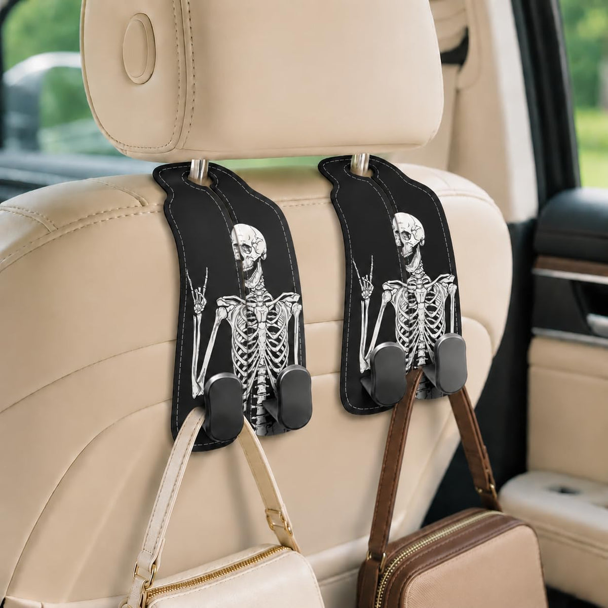 Cute Skull Skeleton Car Seat Back Storage Headrest Hooks for Purses & Bags – 2PCS PU Leather Dual Metal Hooks, Backseat Organizer Accessories