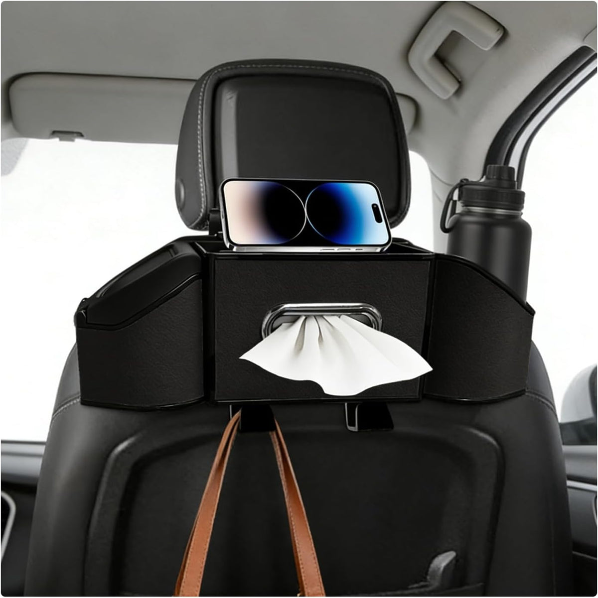 Car Backseat Organizer, 7-in-1 Auto Seat Back Drink Cup Holder Organizer with Tissue Box & Hooks, Multifunctional Vehicle Headrest Storage Box for Hold Phone Snacks Drinks (Black)
