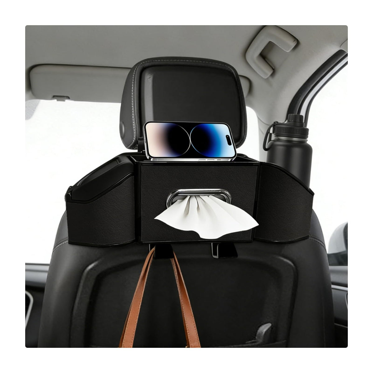 Car Backseat Organizer, 7-in-1 Auto Seat Back Drink Cup Holder Organizer with Tissue Box & Hooks, Multifunctional Vehicle Headrest Storage Box for Hold Phone Snacks Drinks (Black)
