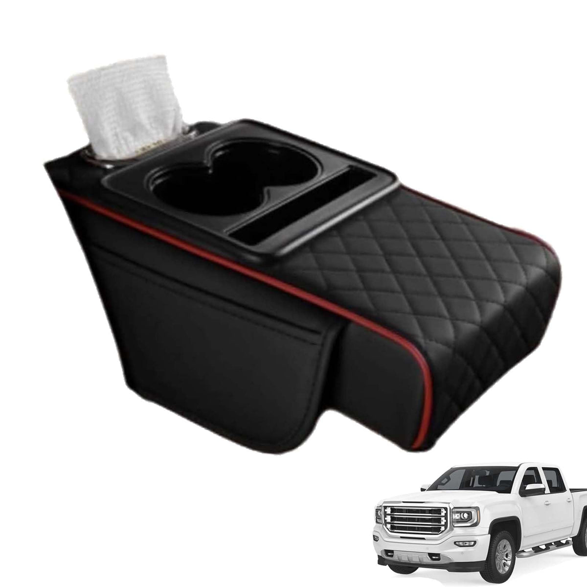 Multifunctional PU Leather Car Armrest Box Mat, 5-in-1 Center Console Cover with Cup Holder with 2 Storage Bags, Tissue Box Slot, Phone Slot for Universal Most Cars,Velcro Design (Gray)