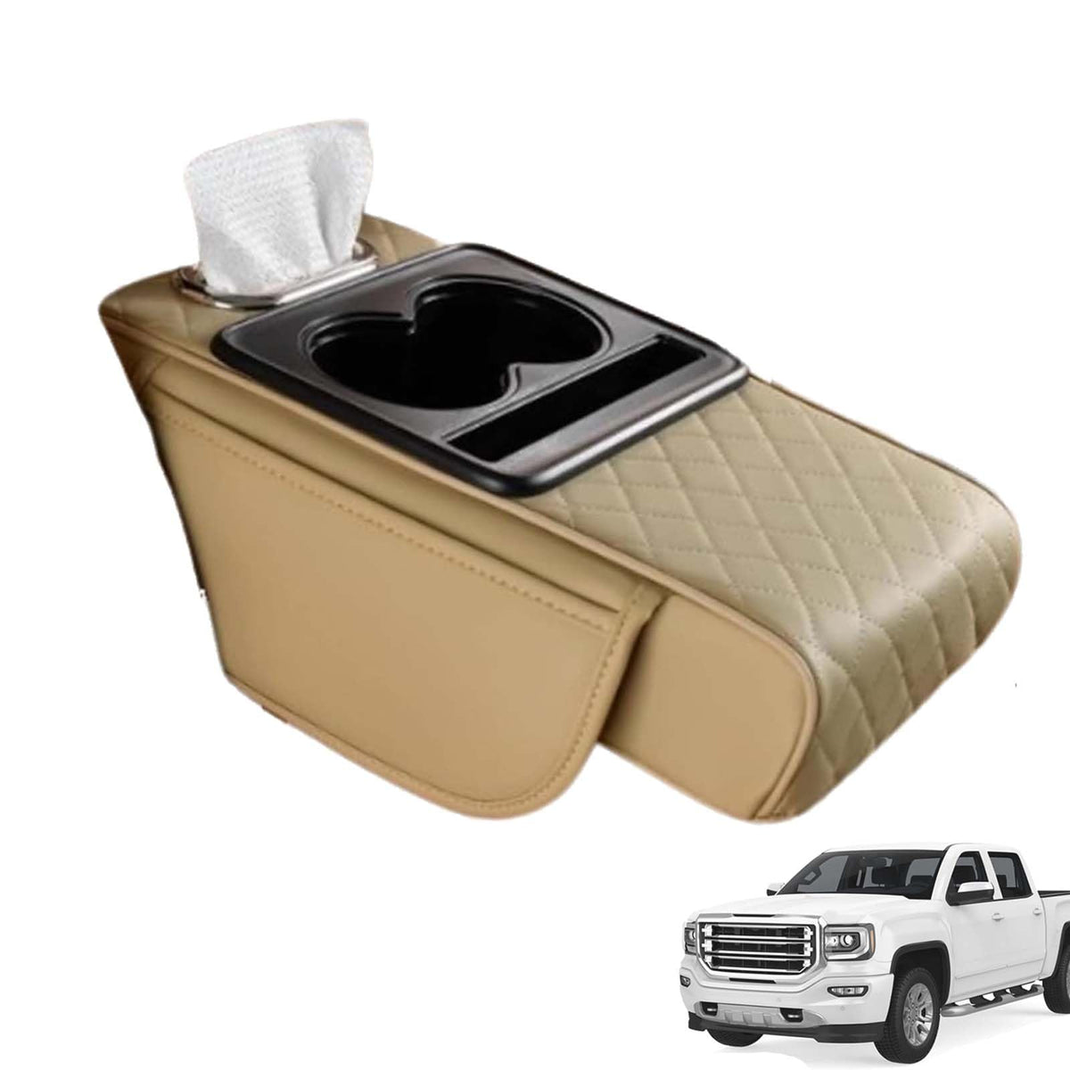 Multifunctional PU Leather Car Armrest Box Mat, 5-in-1 Center Console Cover with Cup Holder with 2 Storage Bags, Tissue Box Slot, Phone Slot for Universal Most Cars,Velcro Design (Gray)
