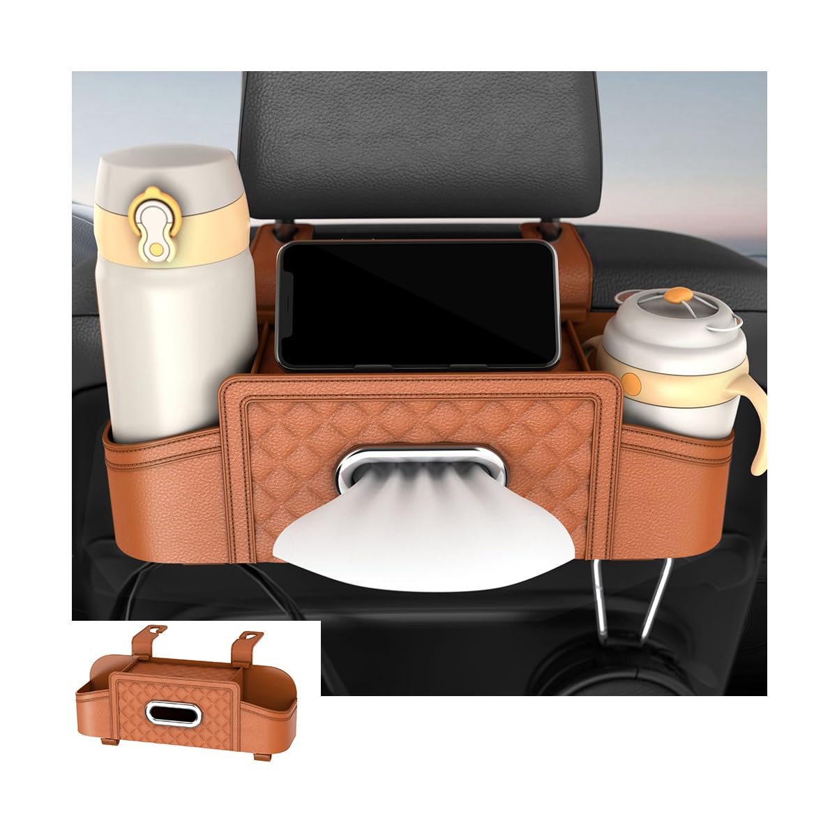 Mandark Headrest-Mounted Backseat Organizer with Cup Holders, Black