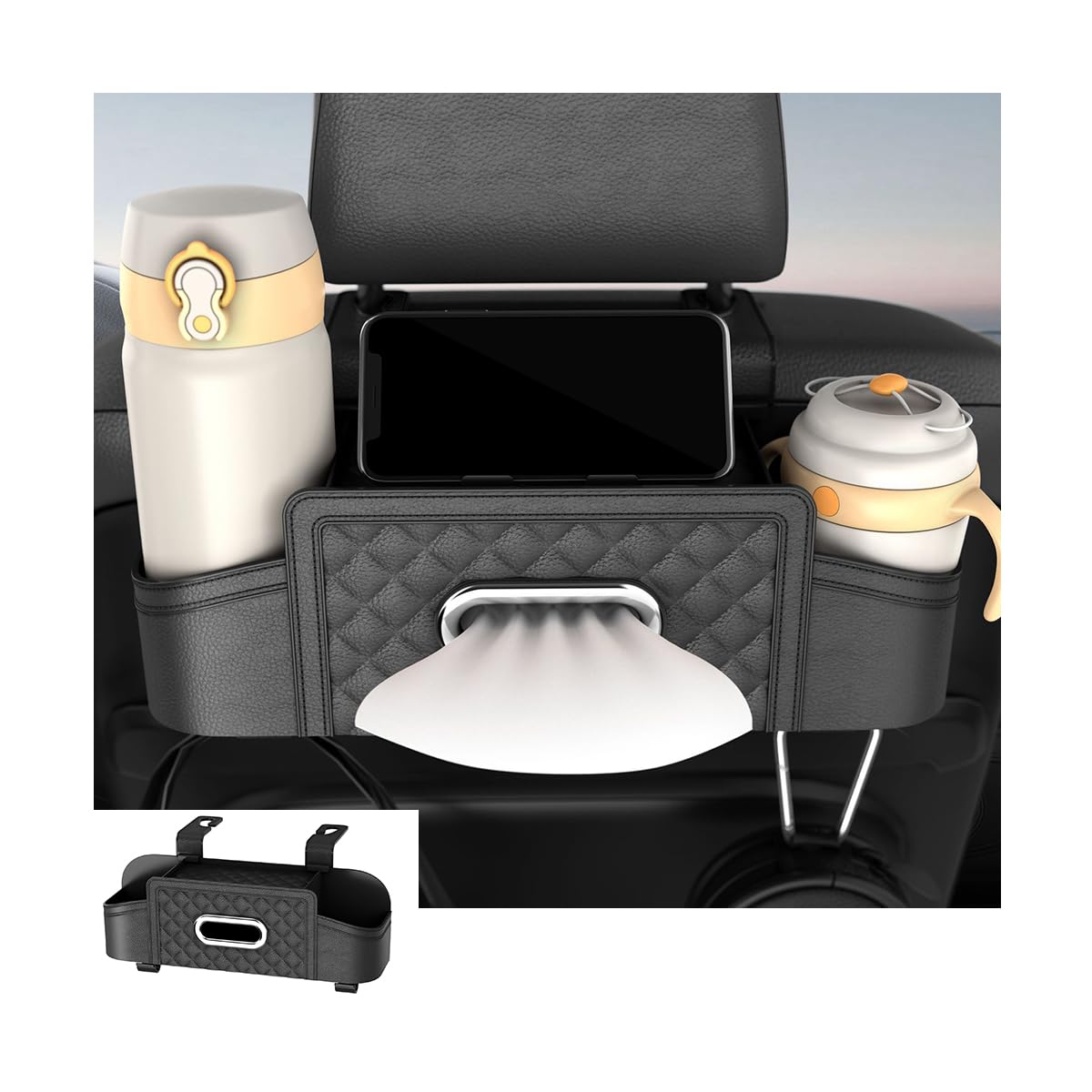 Mandark Headrest-Mounted Backseat Organizer with Cup Holders, Black