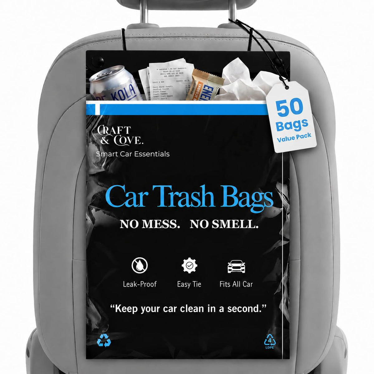 Hanging Car Trash Bags Disposable, 2 Gallon Car Garbage Bags. Black