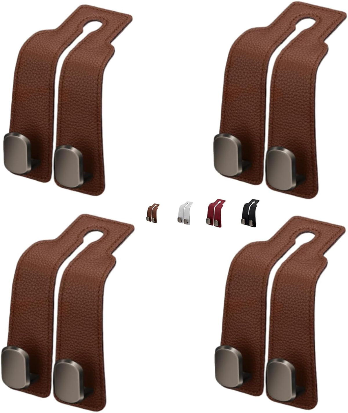 Coozyland Car Hooks, Coozy Land Metal Multi-Function Leather Car Headrest Hooks, Universal Double Hook Car Seat Back Storage Hooks for Wallets, Handbags, Bottles, Trash Bags, etc(Brown 4-Pack)
