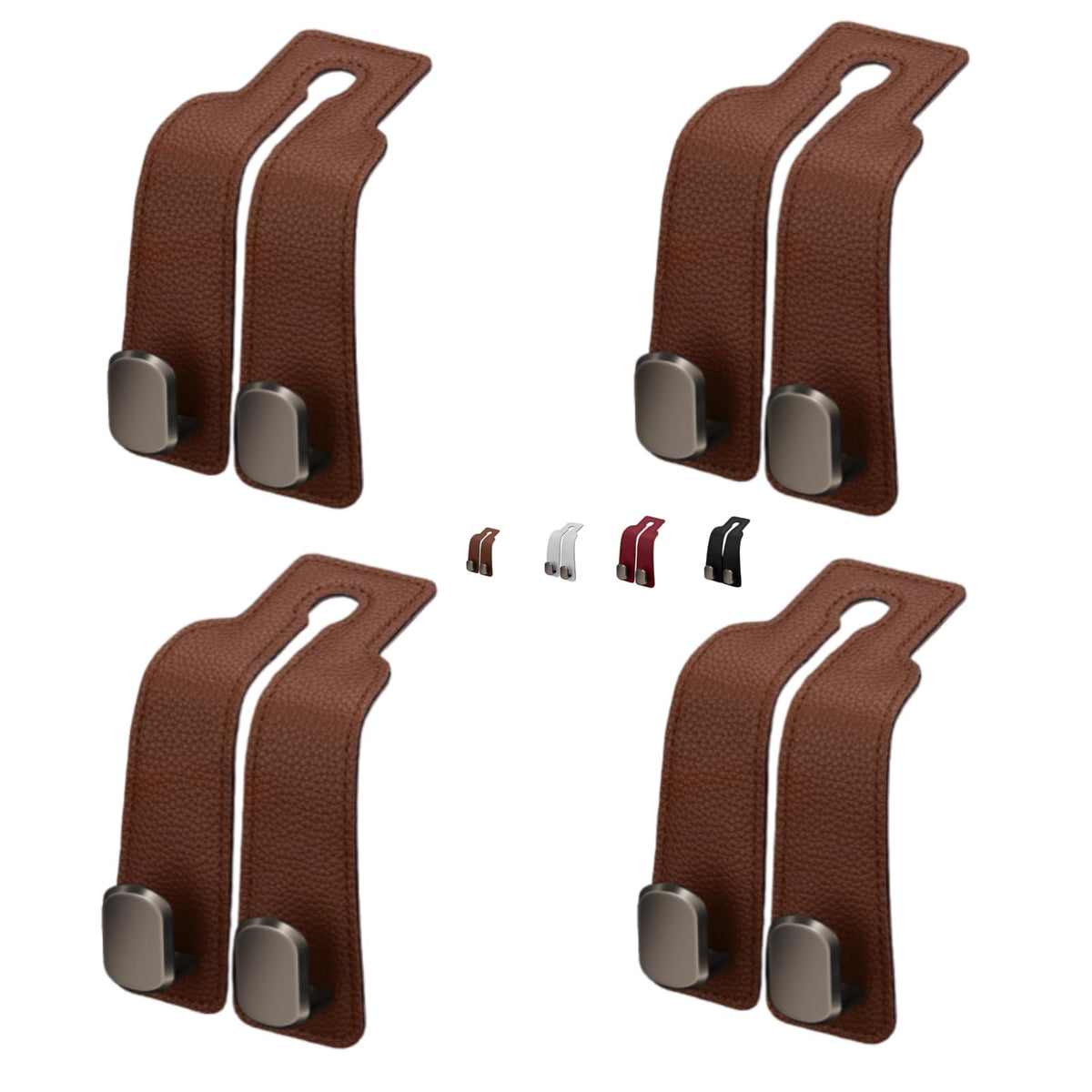 Coozyland Car Hooks, Coozy Land Metal Multi-Function Leather Car Headrest Hooks, Universal Double Hook Car Seat Back Storage Hooks for Wallets, Handbags, Bottles, Trash Bags, etc(Brown 4-Pack)