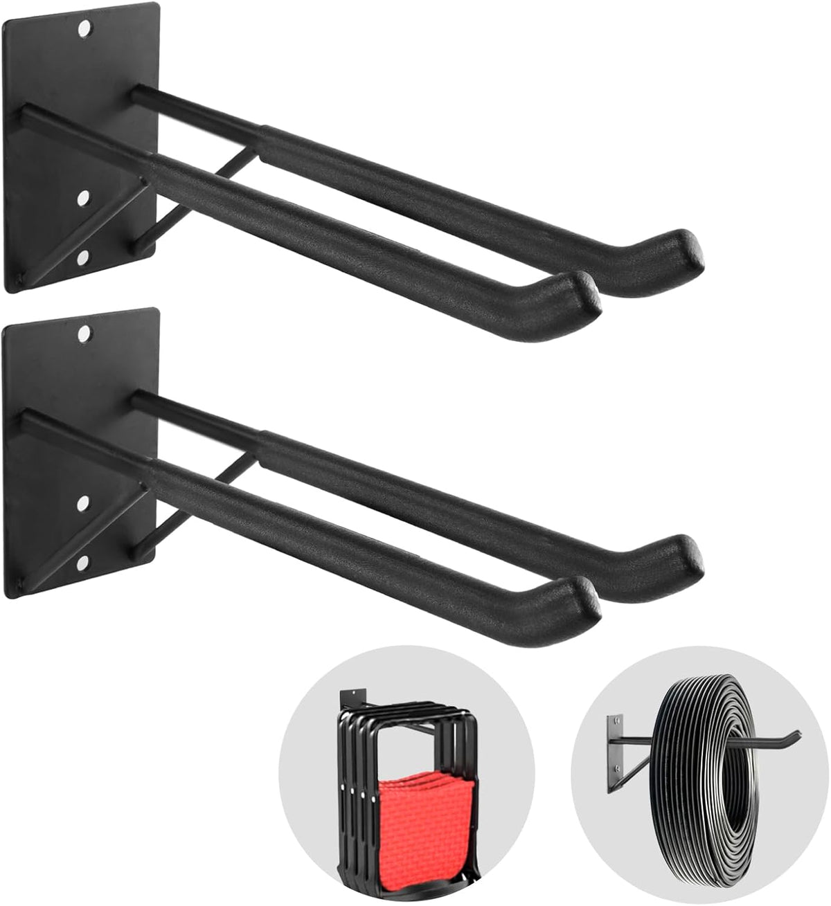 14" Large Heavy Duty Garage Hooks, Steel Garage Storage Hooks with Support Rods, Utility Wall Mount Hangers for Power Tools, Car Tires, Ladders, Chairs, Garden Tools and More (2-Pack 14" Heavy Hooks)