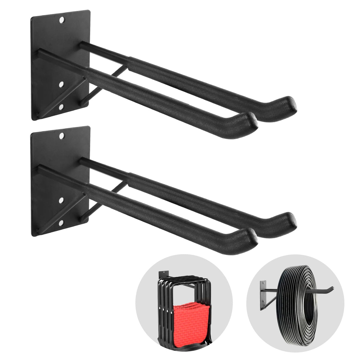 14" Large Heavy Duty Garage Hooks, Steel Garage Storage Hooks with Support Rods, Utility Wall Mount Hangers for Power Tools, Car Tires, Ladders, Chairs, Garden Tools and More (2-Pack 14" Heavy Hooks)