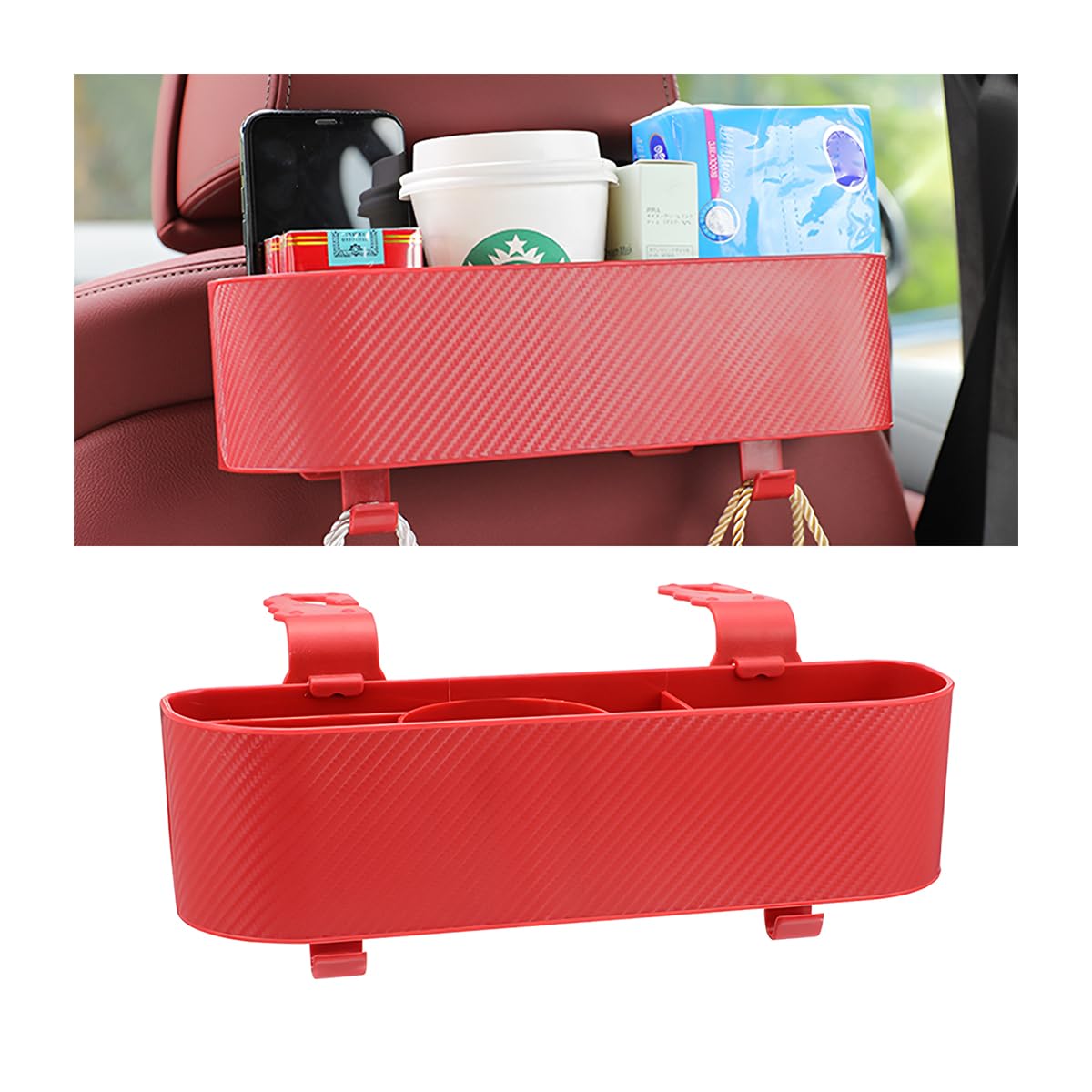 BELOMI Car Headrest Backseat Organizer with Cup Holder, Seat Back Hanging Storage Box with Hooks, Multi-Functional Drink Pocket Food Snack Phone Tray for Kids, Car Travel Accessories (Black)