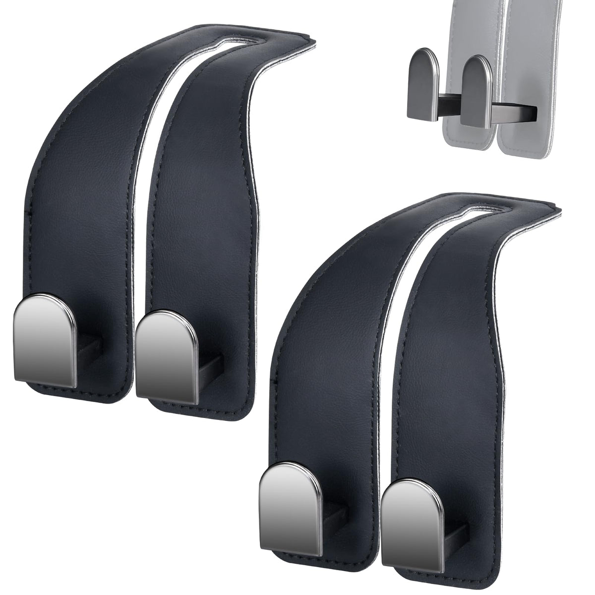 Car Hooks for Headrest, Leather Car Seat Back Storage Organizer Interior Accessories, More Wide & Deep Auto Seat Hook Hangers for Purse Umbrellas Handbag Clothes Coats Grocery Bags (Black-2 Pack)