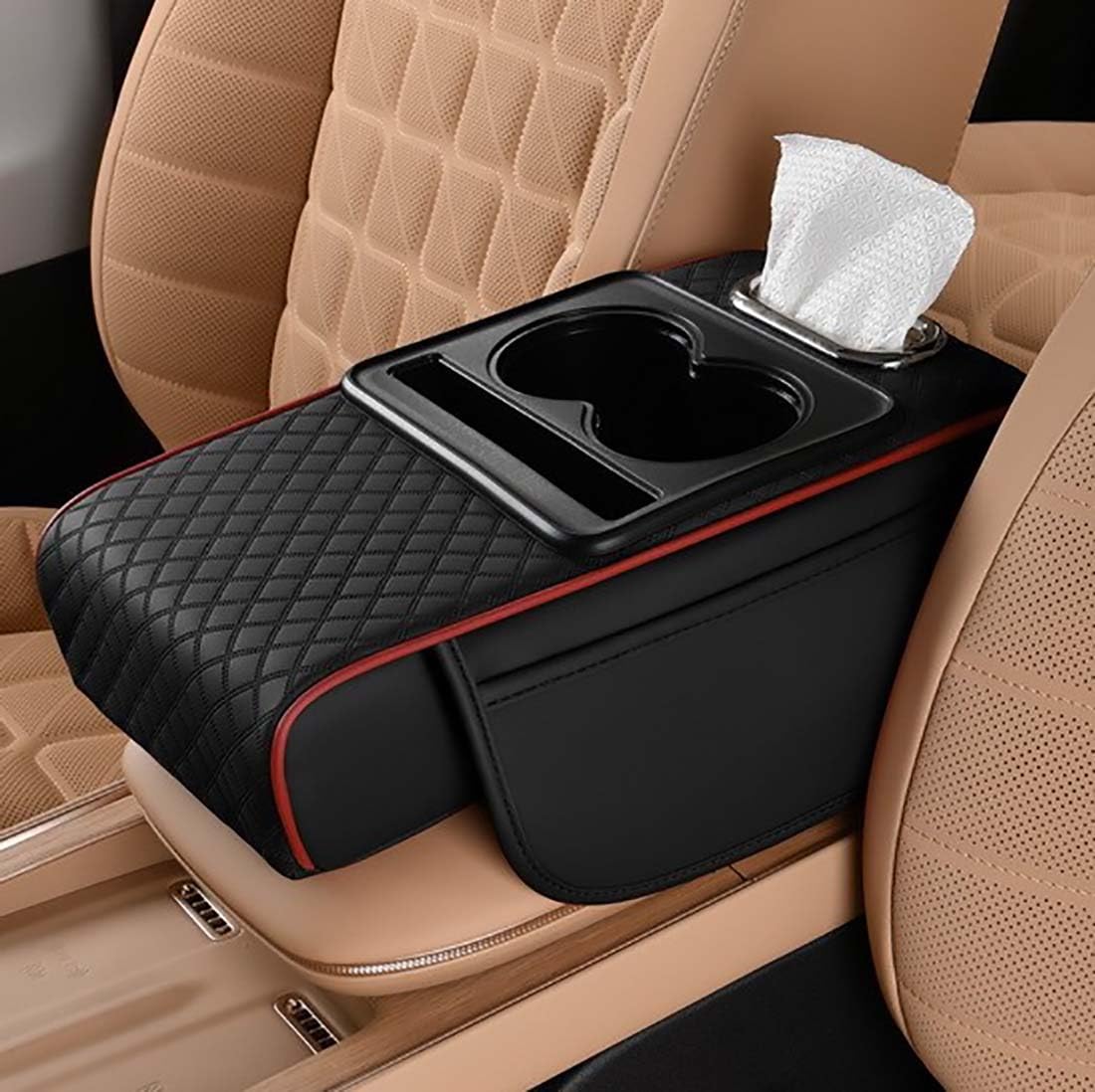 Car Armrest Cushion for SUV with Cup Holder 2.75" Height,5-in-1 Center Console Cover with 2 Storage Bags, Tissue Box Slot, Phone Slot for Sedans, Car Accessories Interior Organizers (Black)