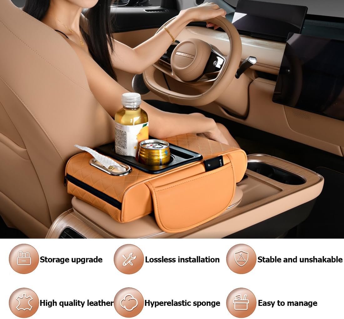 Car Armrest Cushion for SUV with Cup Holder 2.75" Height,5-in-1 Center Console Cover with 2 Storage Bags, Tissue Box Slot, Phone Slot for Sedans, Car Accessories Interior Organizers (Black)