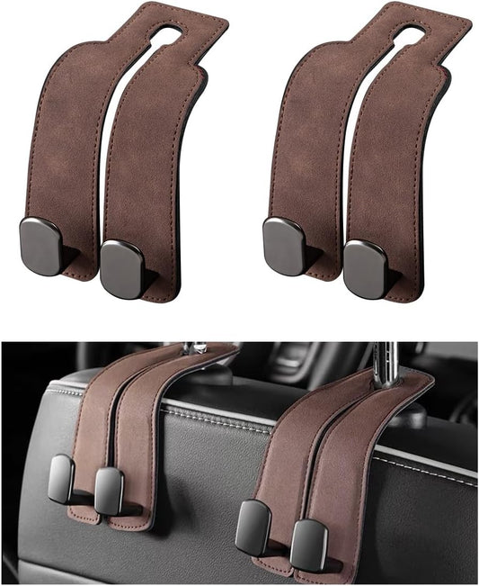 2 PCS Car Seat Headrest Hook, Back Seat Hanger with Double Flexible Leather Hooks, Soft Leather Double Headrest Metal Hooks Purse Handbag Organizer, Car Accessories (Brown)