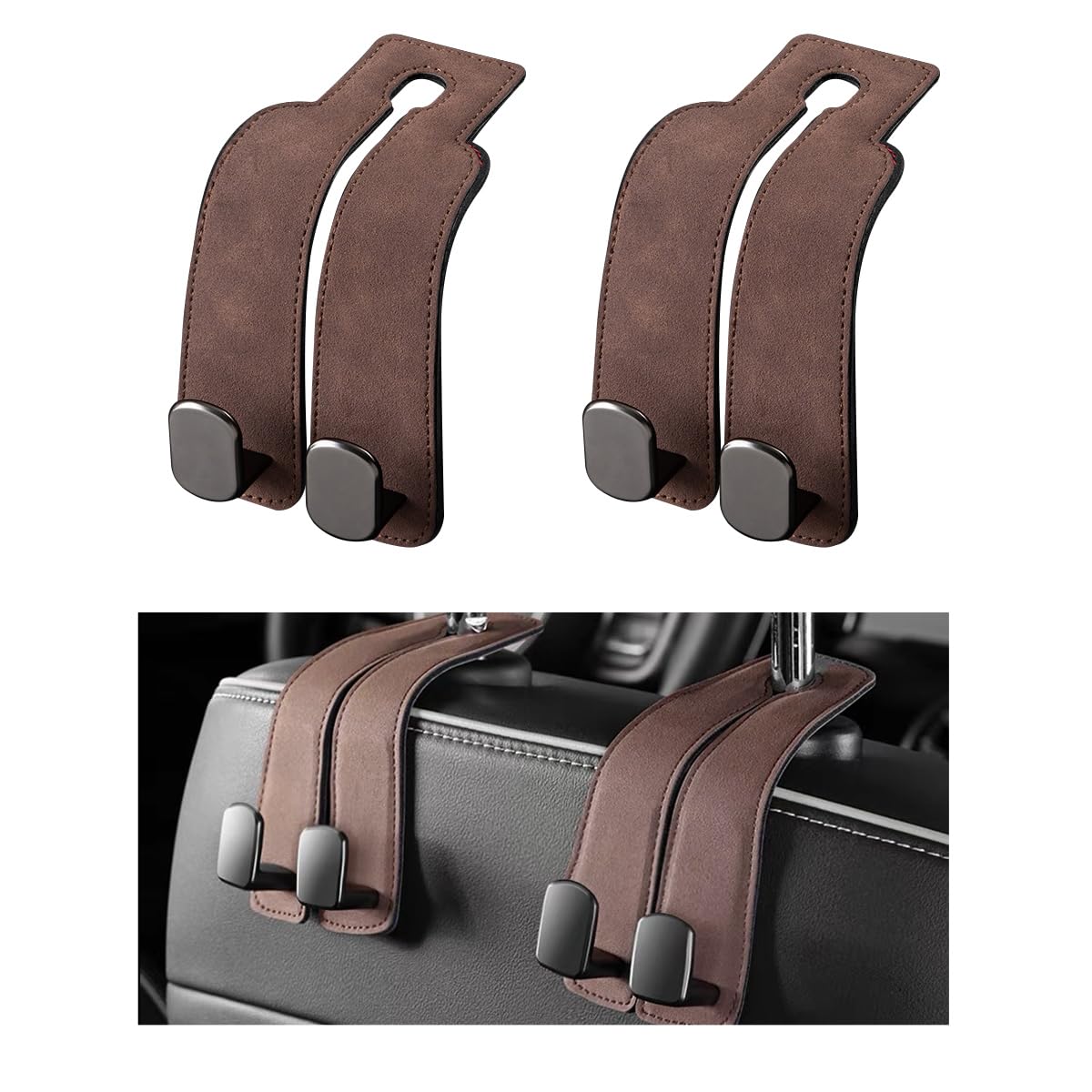 2 PCS Car Seat Headrest Hook, Back Seat Hanger with Double Flexible Leather Hooks, Soft Leather Double Headrest Metal Hooks Purse Handbag Organizer, Car Accessories (Brown)