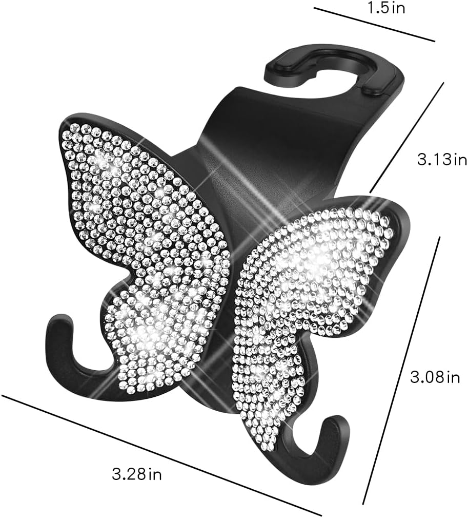 2 Pack Butterfly Bling Car Seat Headrest Hooks for Purses and Bags Aesthetic Design Car Hooks Rhinestones Hanger for Car Back Seat Organizer Storage Hook Bling Black Car Accessories for Women