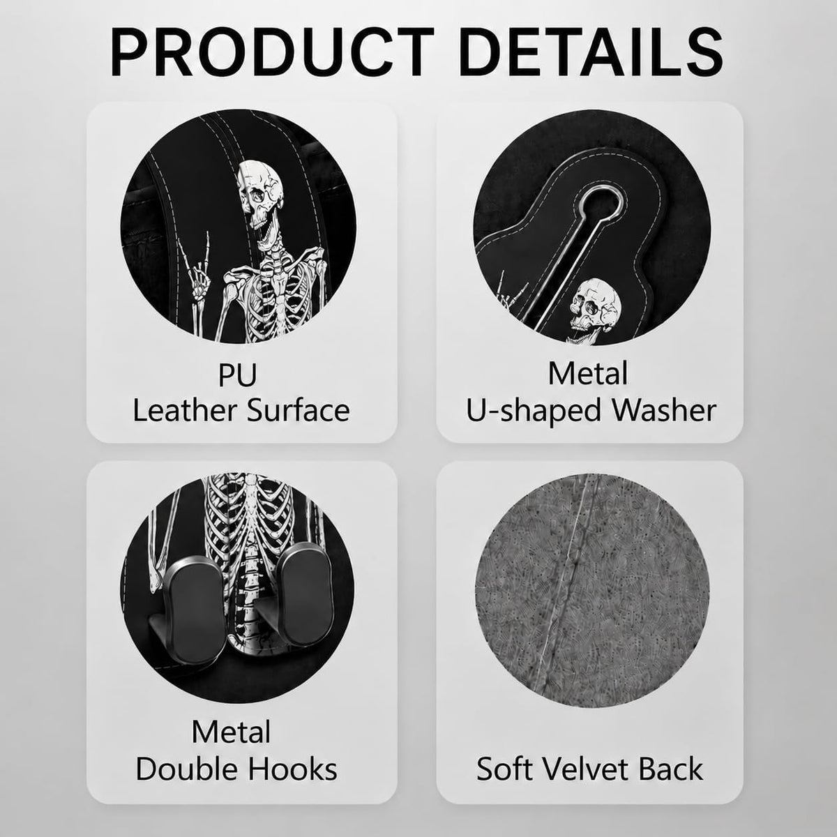 Cute Skull Skeleton Car Seat Back Storage Headrest Hooks for Purses & Bags – 2PCS PU Leather Dual Metal Hooks, Backseat Organizer Accessories