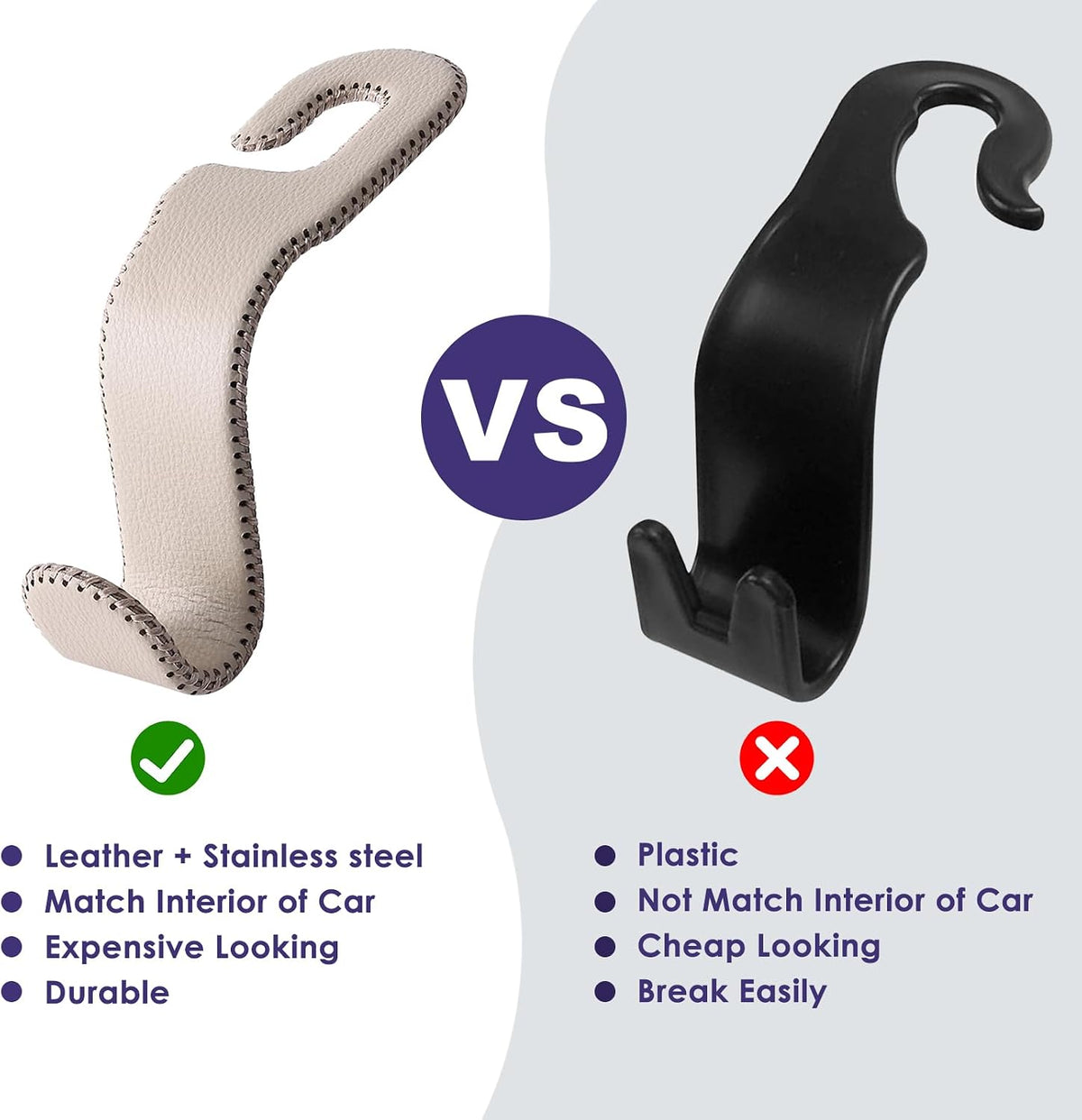 AMVOYOA Leather Car Hooks for Headrest - Fully Leather-Wrapped U-Shaped Purse Holder for Car, Flexible Seat Back Organizer & Durable Car Accessories for Purses, Bags, Coats & More (Beige, 2 Pack)
