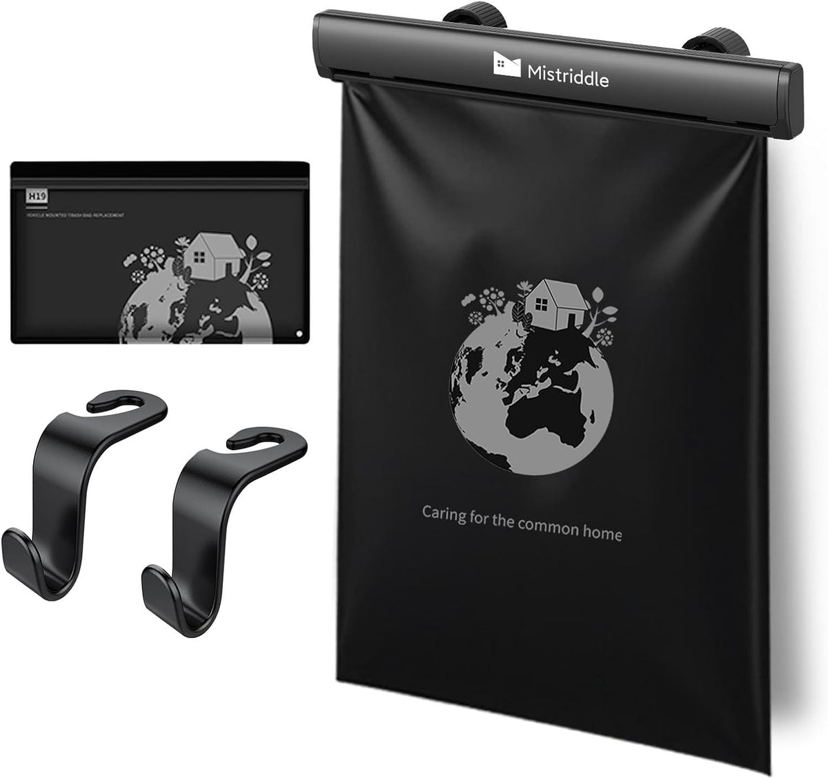 Mistriddle Headrest Hanging Car Trash Bag Holder - Aluminum Alloy with 25 Disposable Trash Bags, 2 Headrest Hooks, Compact Car Garbage Bin for Back Seat, Office, Travel & Camping (Black)