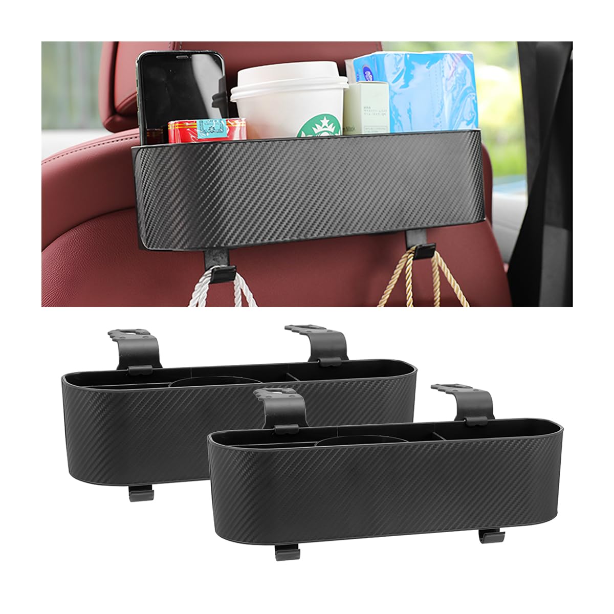 BELOMI Car Headrest Backseat Organizer with Cup Holder, Seat Back Hanging Storage Box with Hooks, Multi-Functional Drink Pocket Food Snack Phone Tray for Kids, Car Travel Accessories (Black)