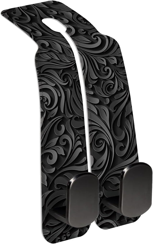 Car Seat Back Storage Headrest Hook, Premium Leather Double Metal Hook, Hanger Storage Organizer for Purse Cloth Bag, Car Interior Accessories Luxury Black Flowers