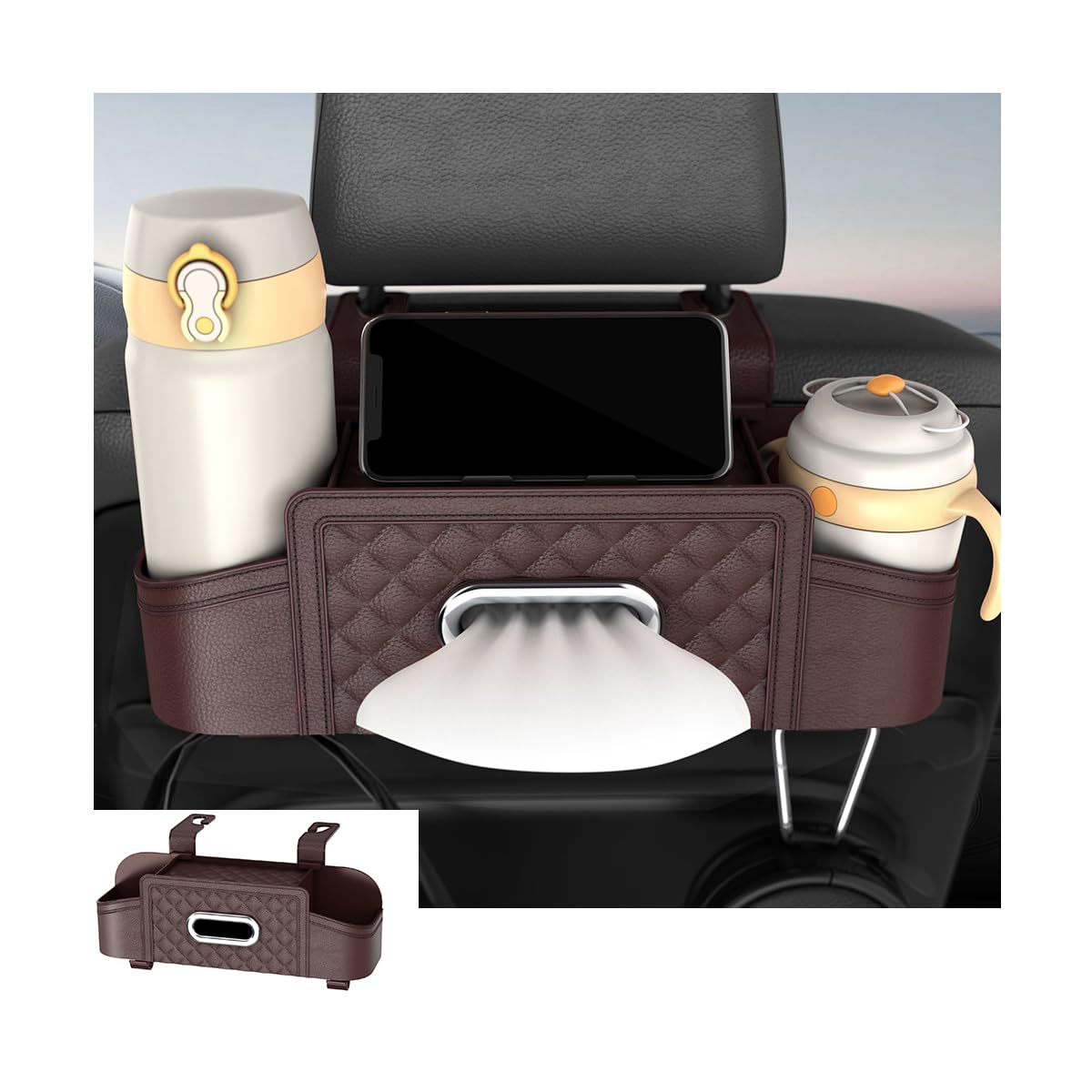 Mandark Headrest-Mounted Backseat Organizer with Cup Holders, Black
