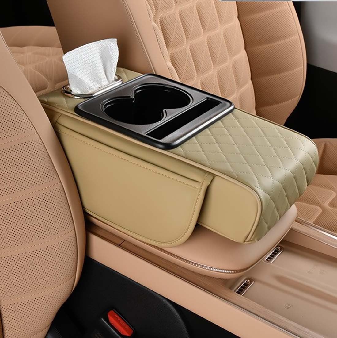 Car Armrest Cushion,5-in-1 Center Console Cover with 2 Storage Bags Cup Holder, Tissue Box Slot, Phone Slot for Sedans, Car Accessories Interior Organizers (Gey)