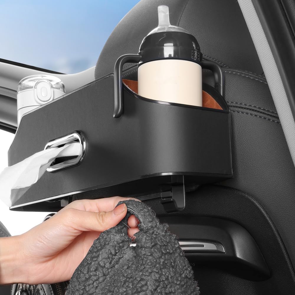 HAOTULE New car headrest Rear seat Multifunctional Storage Box, partition Design, with Cup Holder, Tissue Box, headrest Hook, Suitable for Children and Adults, car Travel Accessories (Black)