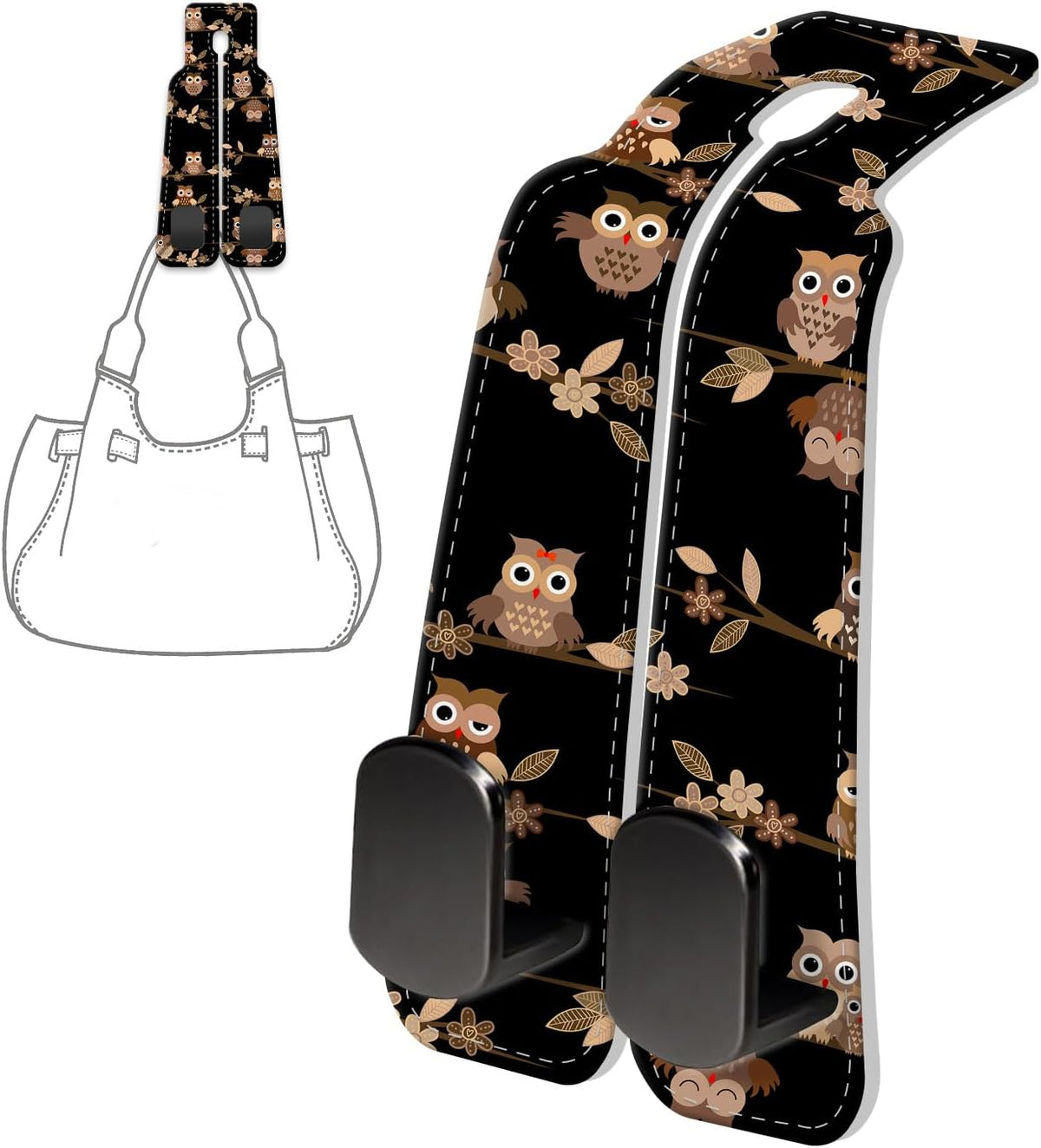 PU Leather Car Seat Hook, Storage Headrest Hanger, Cute Car Backseat Organizer, Car Hooks For Purses and Bags Cute Brown Cartoon Owls