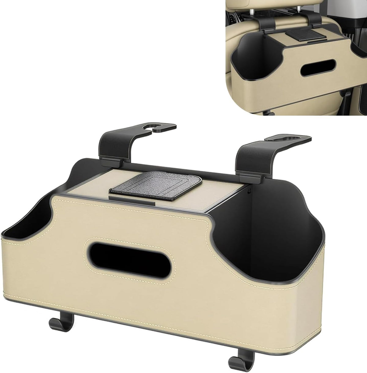 Car Seat Back Organizer, Stylish Storage for Family Travel, Cup Holders, Tissue Box & Hooks, Ideal for Kids & Road Trips, Universal for Most Cars Trucks SUVs (Beige)