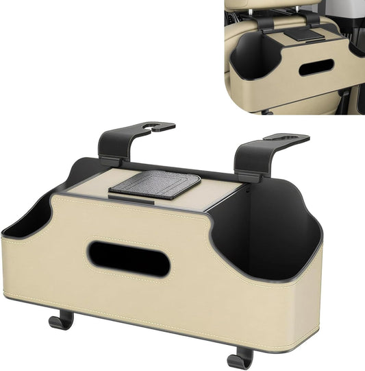 Car Seat Back Organizer, Stylish Storage for Family Travel, Cup Holders, Tissue Box & Hooks, Ideal for Kids & Road Trips, Universal for Most Cars Trucks SUVs (Beige)