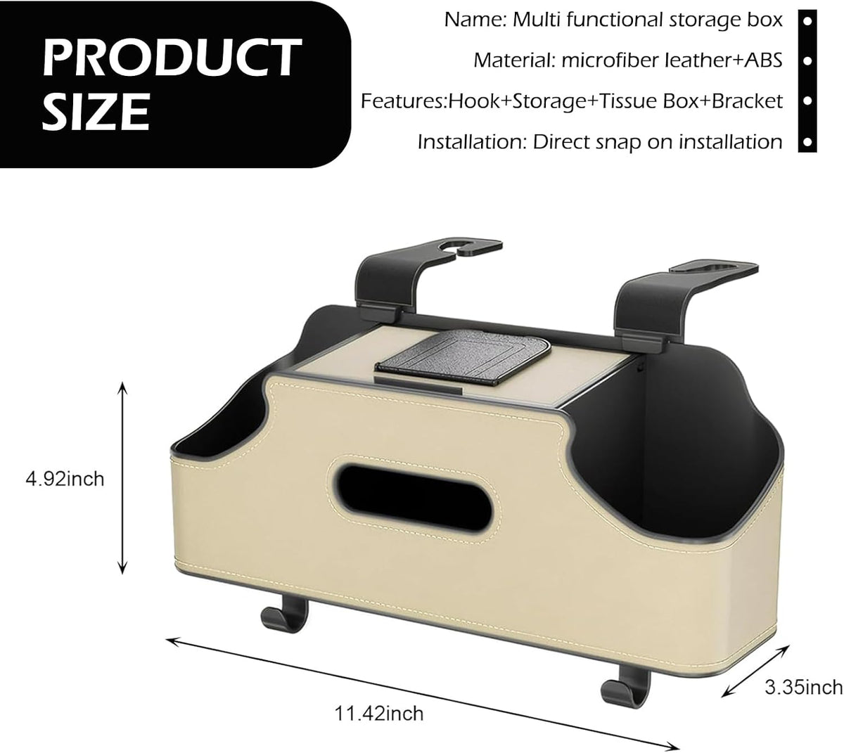Car Seat Back Organizer, Stylish Storage for Family Travel, Cup Holders, Tissue Box & Hooks, Ideal for Kids & Road Trips, Universal for Most Cars Trucks SUVs (Beige)