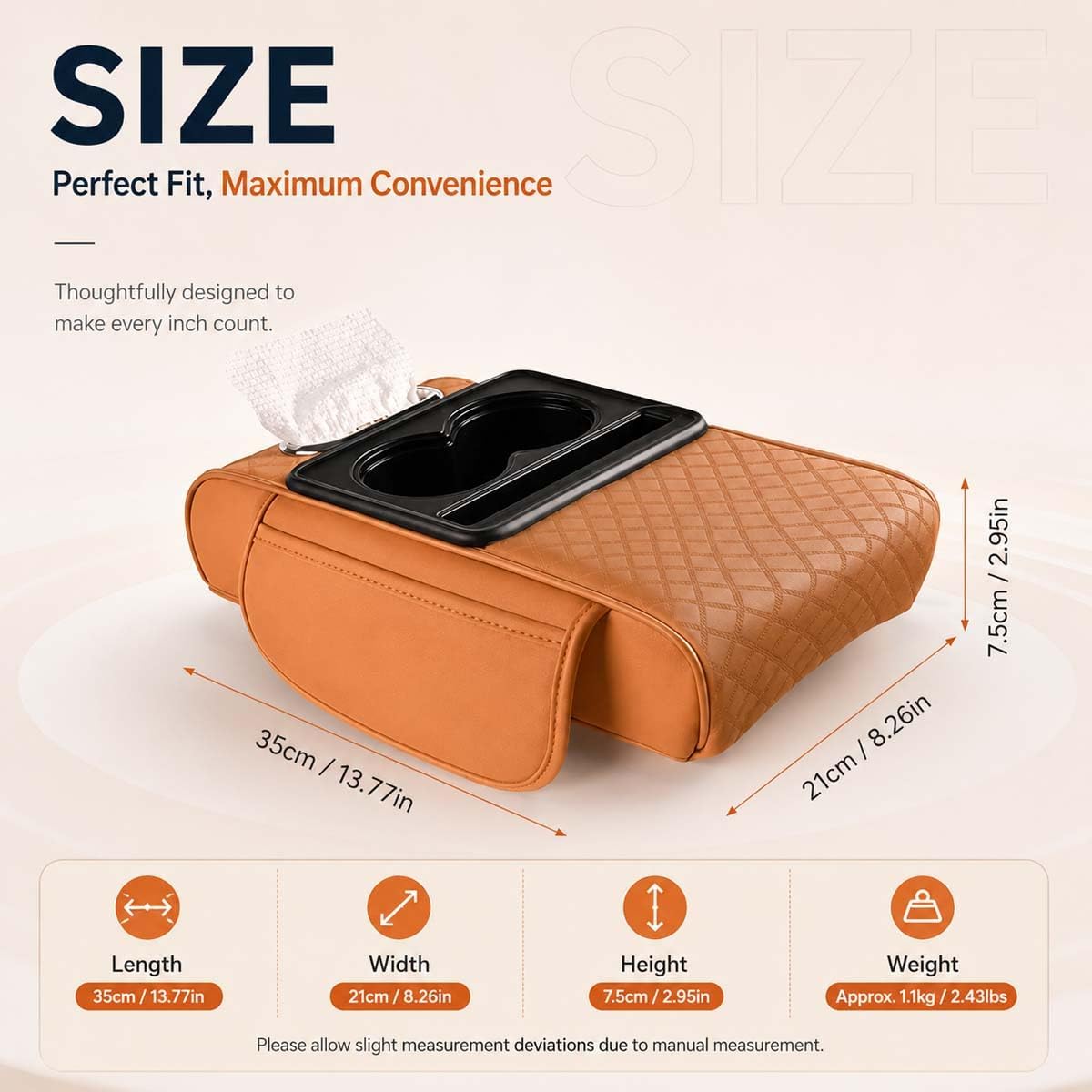 Multifunctional PU Leather Car Armrest Box Mat, 5-in-1 Center Console Cover with Cup Holder with 2 Storage Bags, Tissue Box Slot, Phone Slot for Universal Most Cars,Velcro Design (Gray)