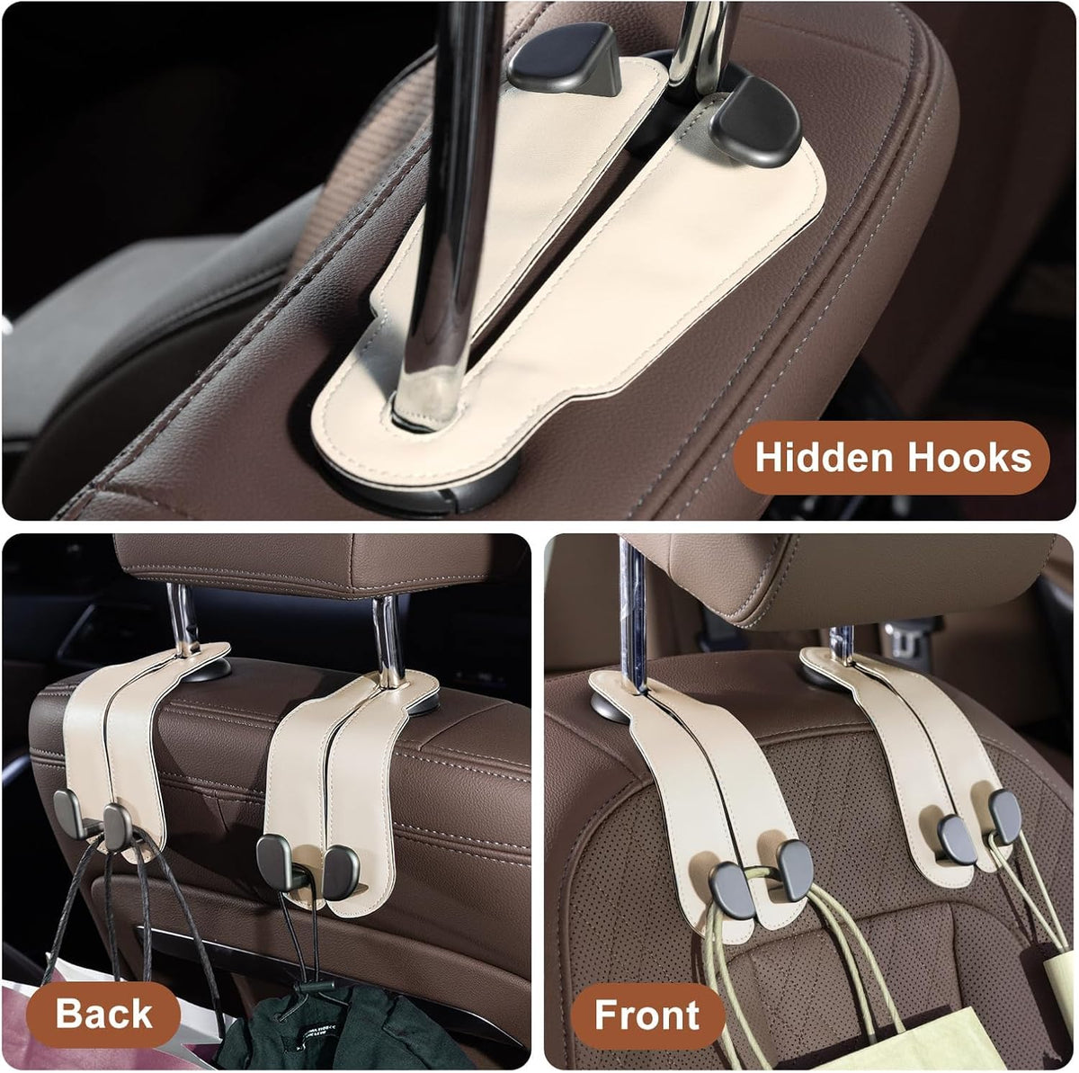 CoBak Purse Hook for Car - Universal Premium Stitched Leather and Aluminum-Magnesium Alloy Double Car Seat Back Storage Hook for Purses, Handbags, Bags (2 Pack),Beige