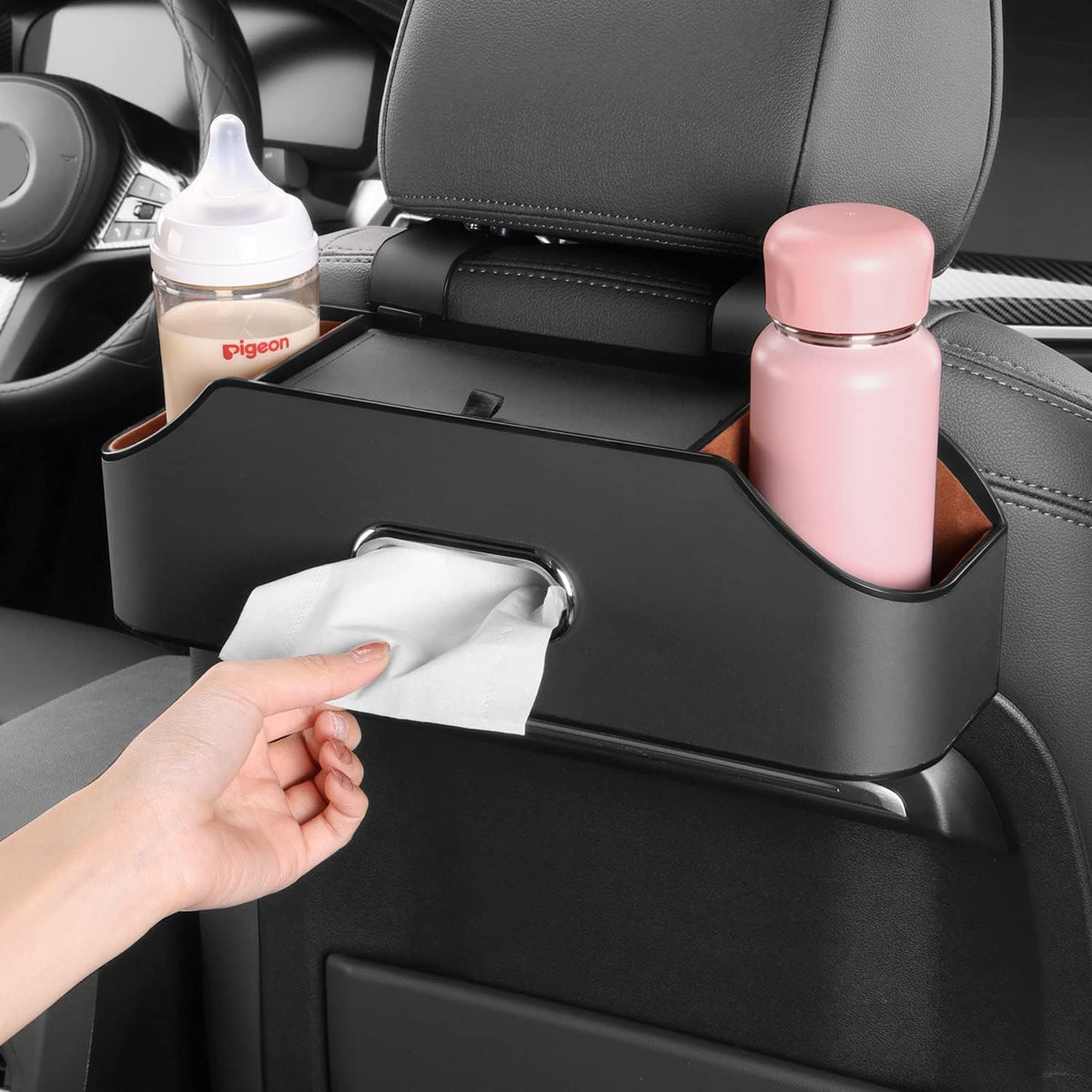 HOLDCY Car Back Seat Organizer with 2 Cup Holders, Tissue Storage, Black