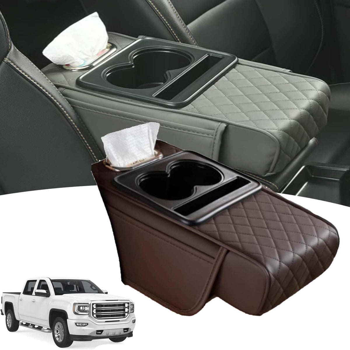 Multifunctional PU Leather Car Armrest Box Mat, 5-in-1 Center Console Cover with Cup Holder with 2 Storage Bags, Tissue Box Slot, Phone Slot for Universal Most Cars,Velcro Design (Gray)