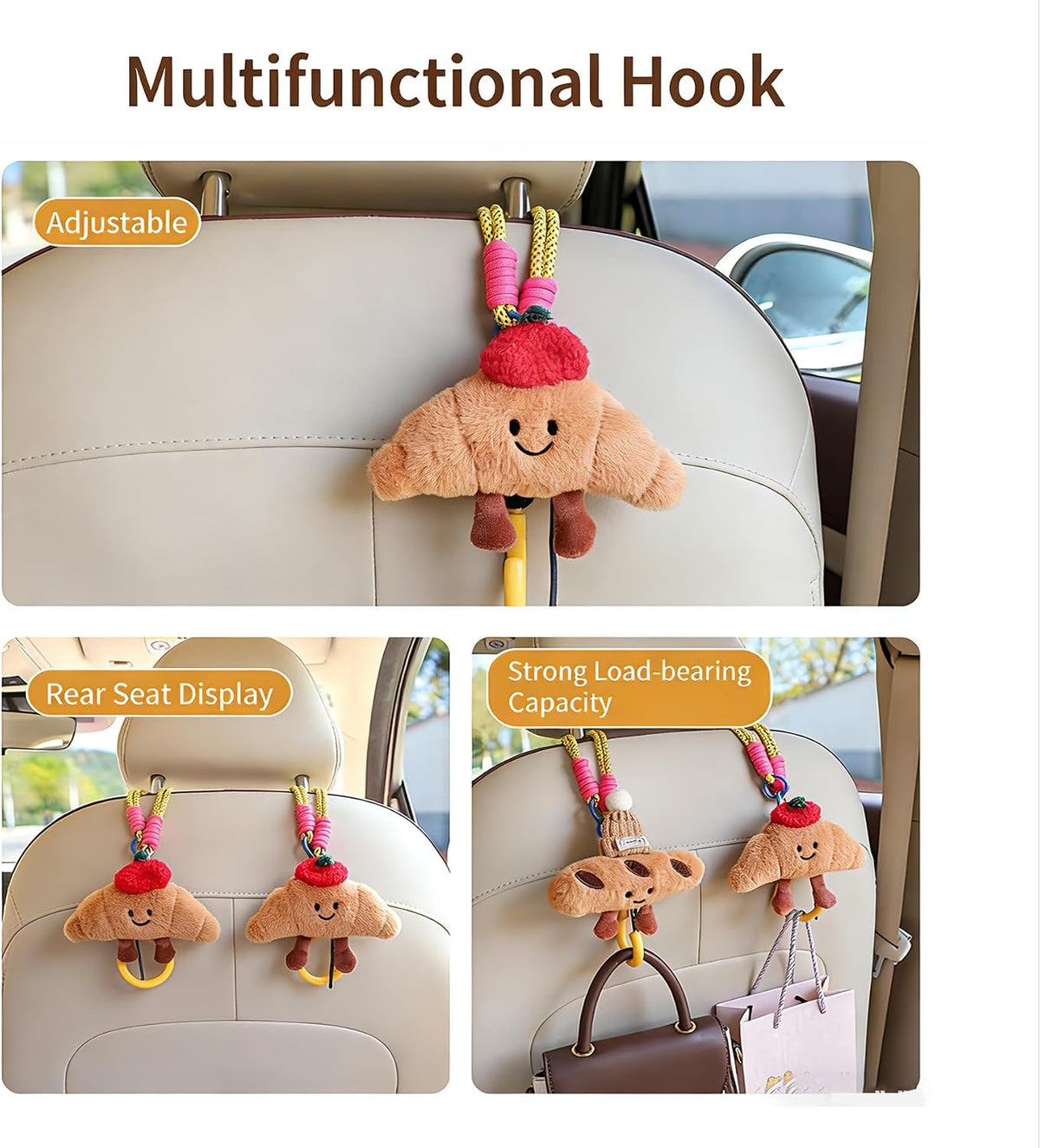 2-Pack Car Headrest Hooks Seat Organizer, Baguette & Croissant