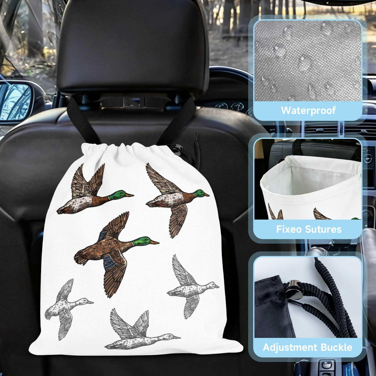 Wild Ducks Car Trash Bag - Waterproof Car Trash Bag Hanging Leakproof Car Garbage Bag - Washable Reusable Trash Bag for Car Interior Hanging Organizer Storage Vehicle Travelling Camping