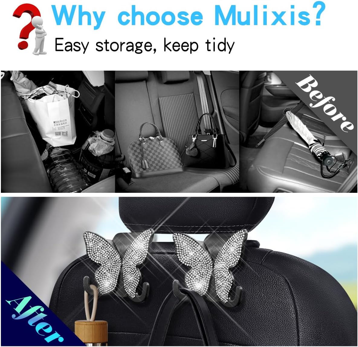2 Pack Butterfly Bling Car Seat Headrest Hooks for Purses and Bags Aesthetic Design Car Hooks Rhinestones Hanger for Car Back Seat Organizer Storage Hook Bling Black Car Accessories for Women