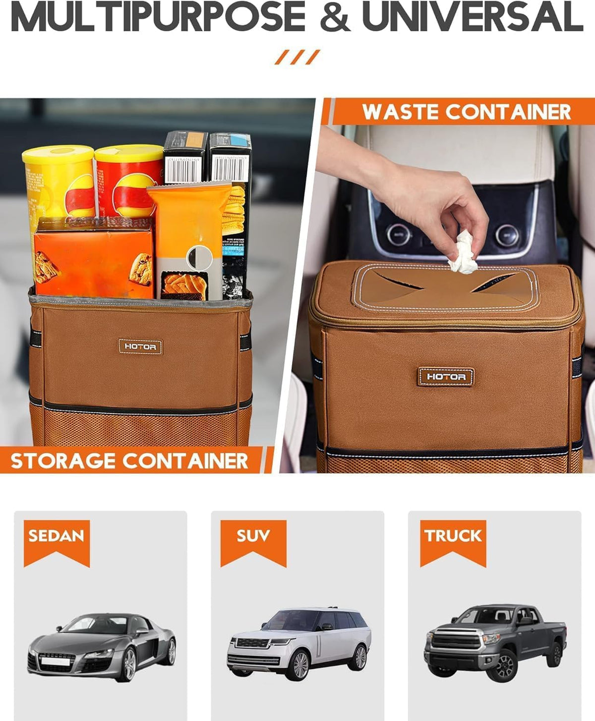 HOTOR Car Trash Can, Leakproof Car Organizer, 2-Gallon, Brown