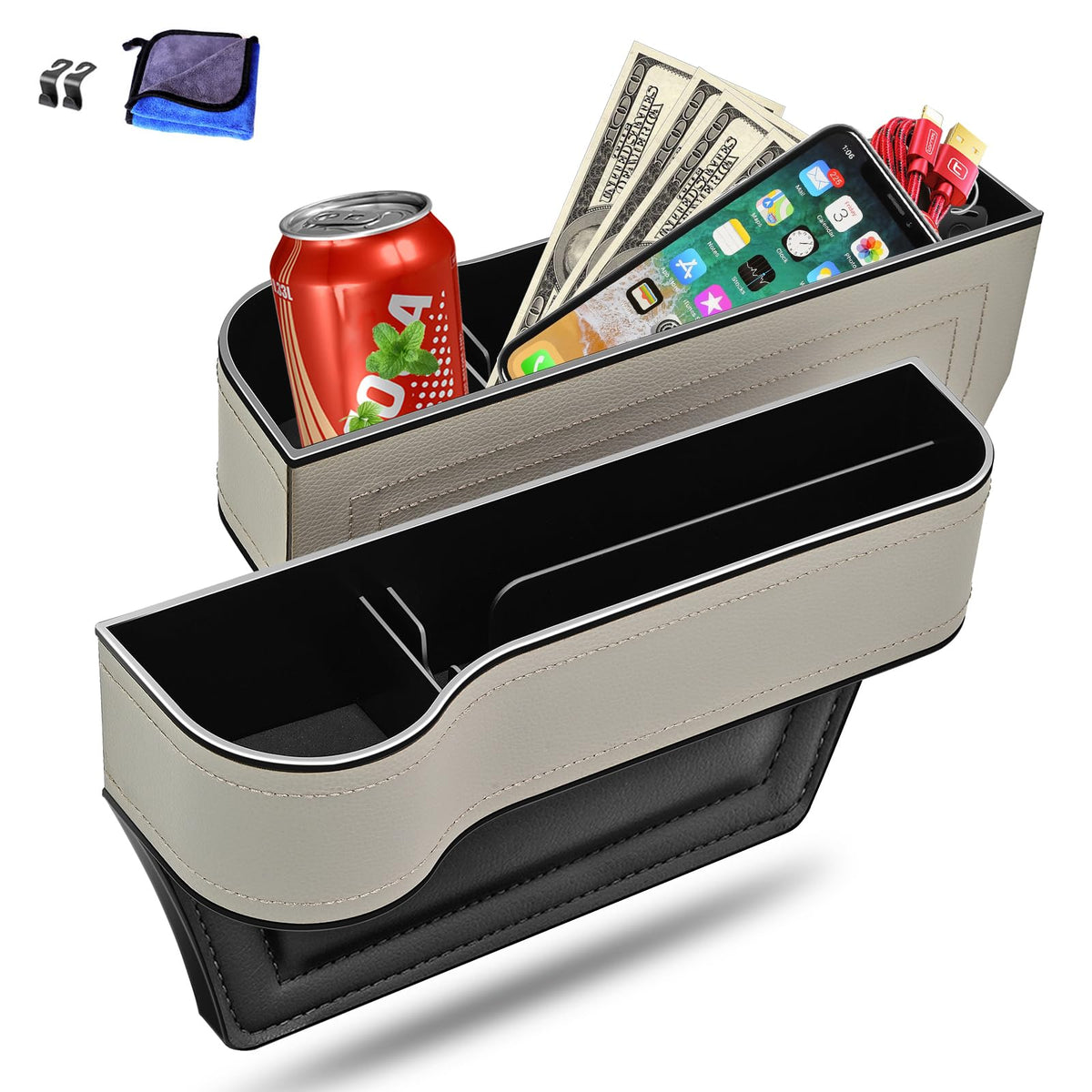 Car Seat Gap Filler Organizer, 2 Pack Multifunctional Auto Console Side Storage Box with Cup Holders 2 Seat Hooks for Drink, Car Organizer Front Seat for Holding Phone, Sunglasses