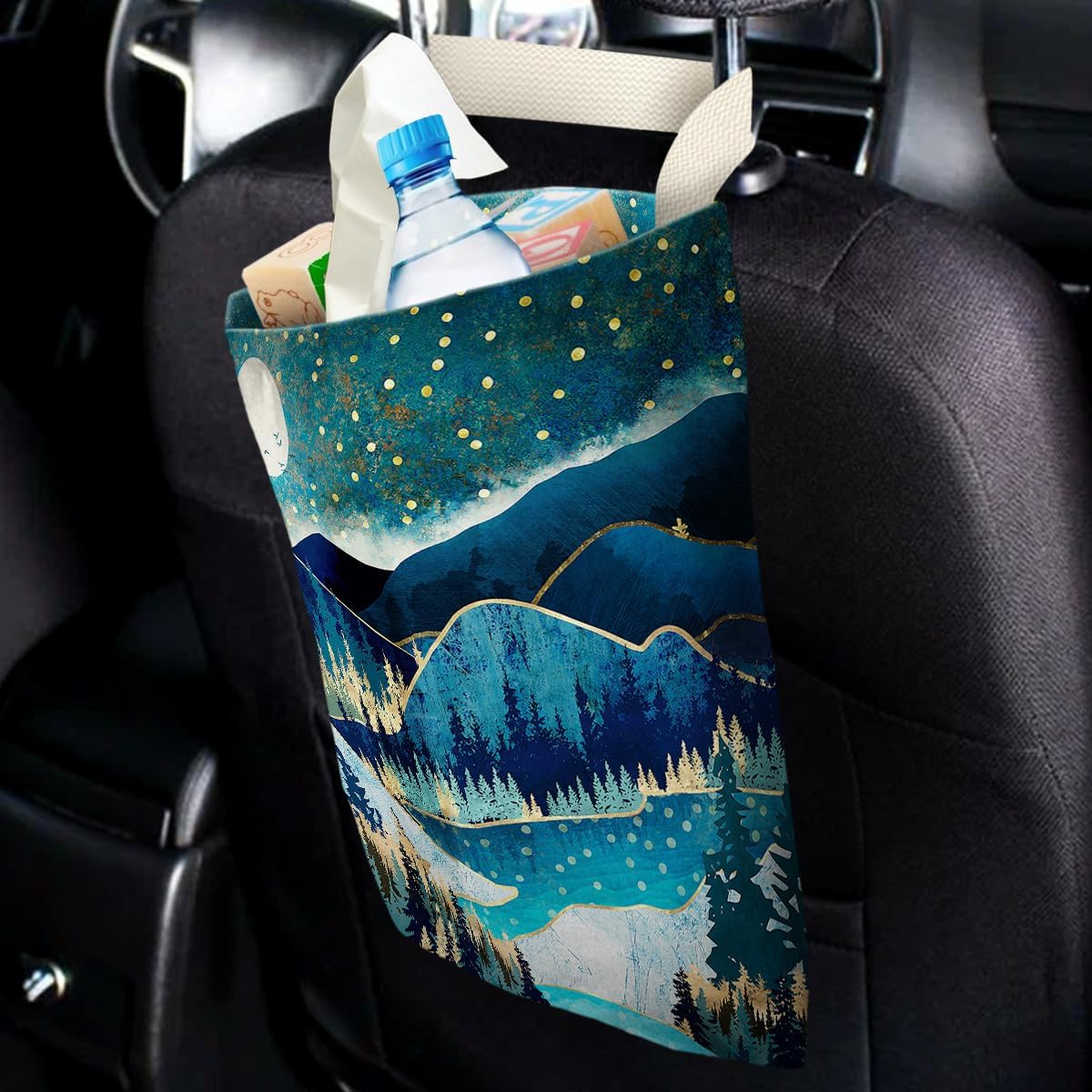 Car Trash Bag Hanging No Snap Small Garbage Bag for Car Back Seat Cute Printed One-handed Strap Trash Bags Car Accessories-Mountain Moon Lake Car Trash Bags